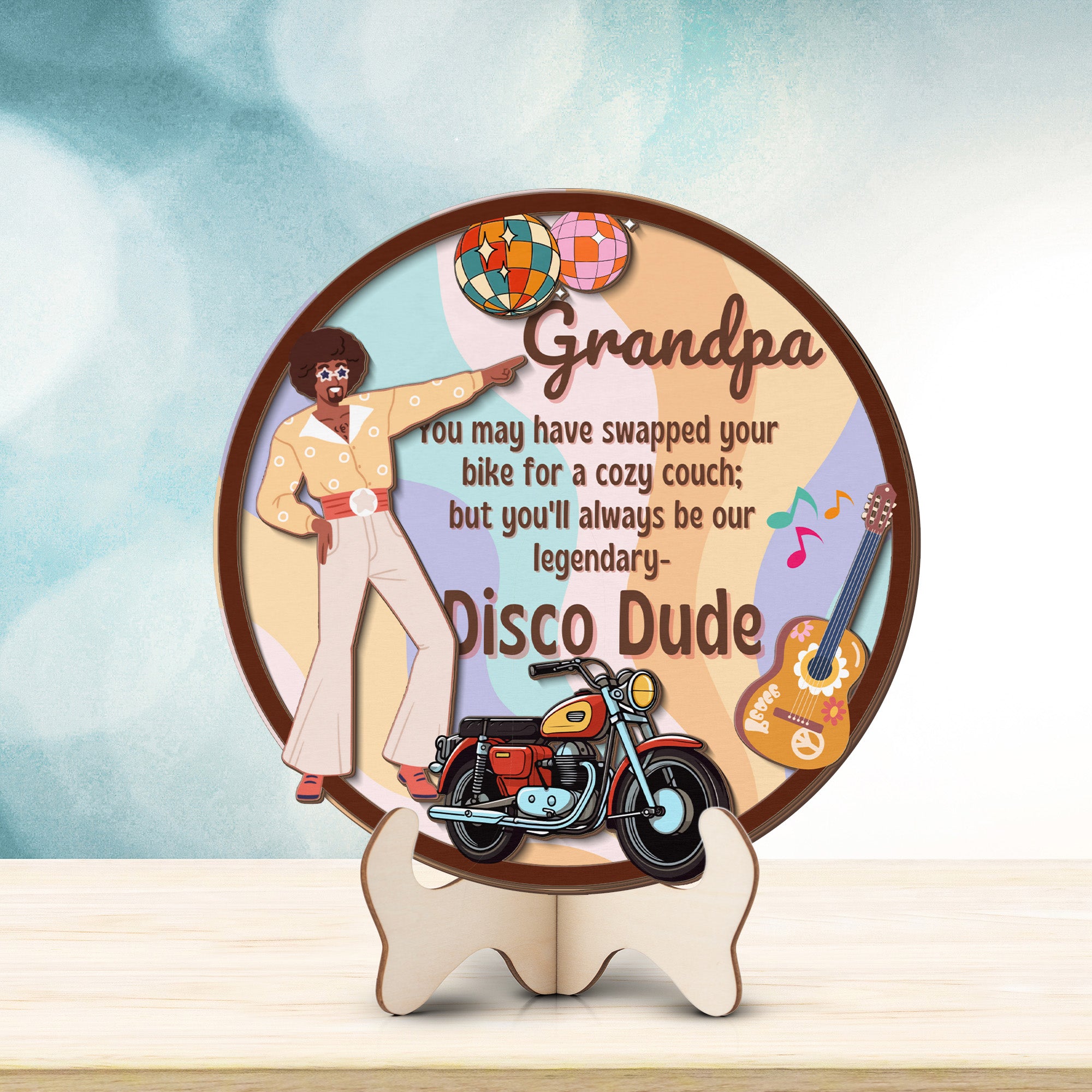 Grandparents day gift | Retro Vintage Cute and Funny Gift for Grand Pa | 2-layer Wooden Sign | Disco Dude