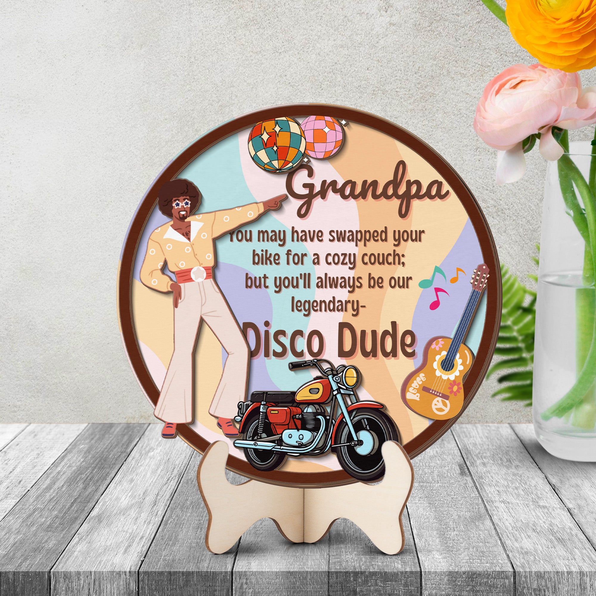 Grandparents day gift | Retro Vintage Cute and Funny Gift for Grand Pa | 2-layer Wooden Sign | Disco Dude