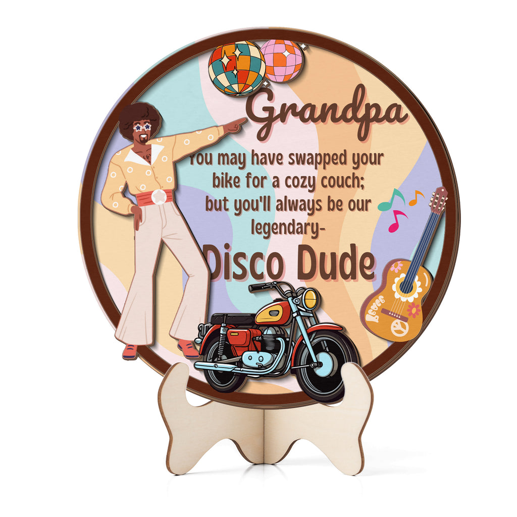Retro Grandpa Disco Dude wooden sign with vintage-style artwork
