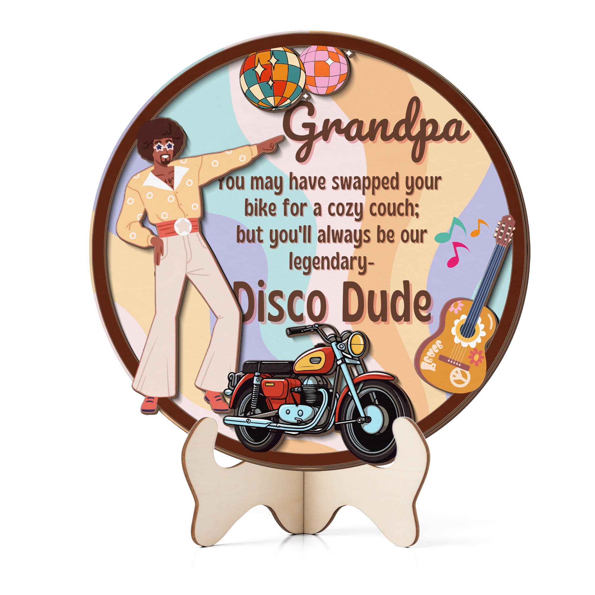 Grandparents day gift | Retro Vintage Cute and Funny Gift for Grand Pa | 2-layer Wooden Sign | Disco Dude
