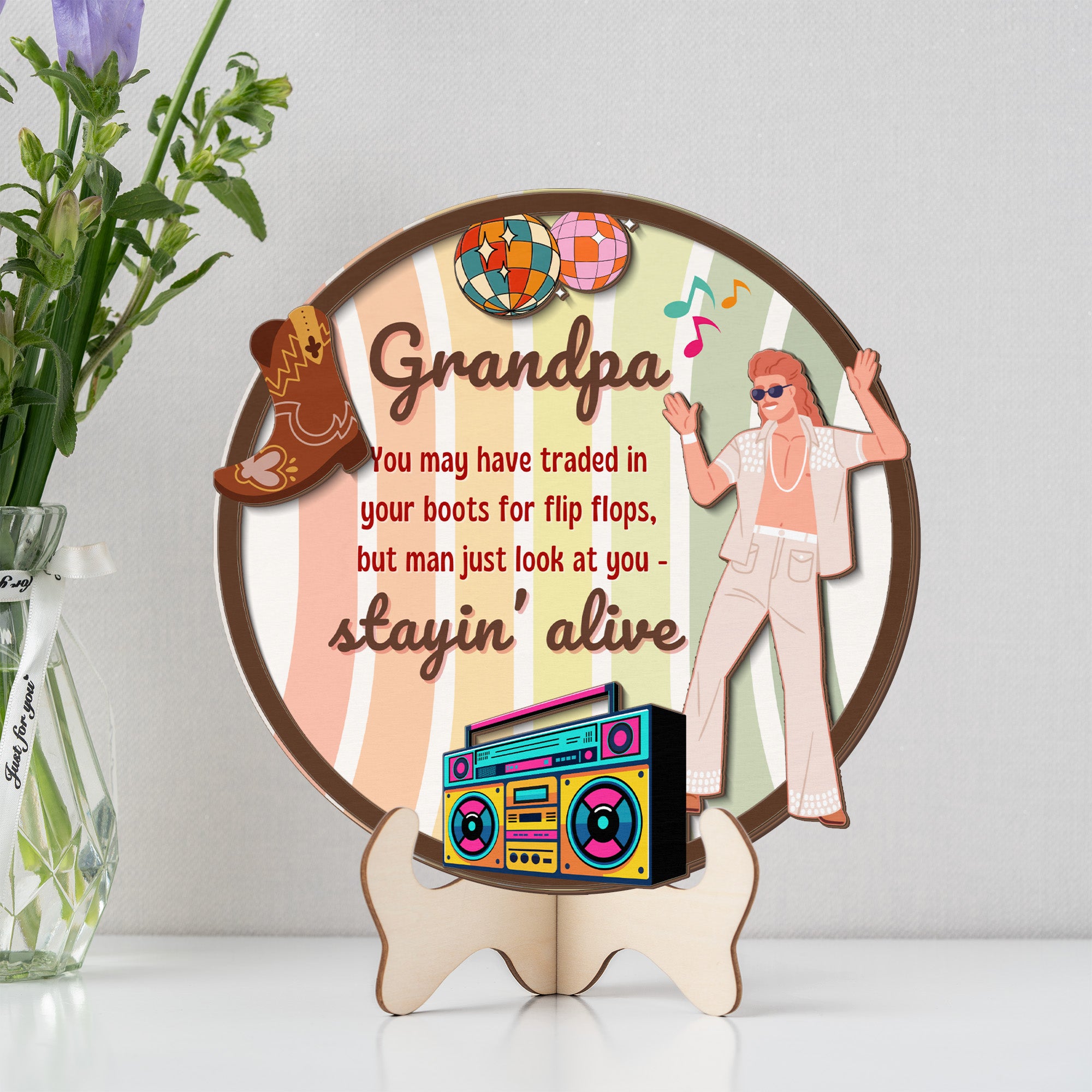 Grandparents day gift | Retro Vintage Cute and Funny Gift for Grand Pa | 2-layer Wooden Sign | Just Stayin Alive