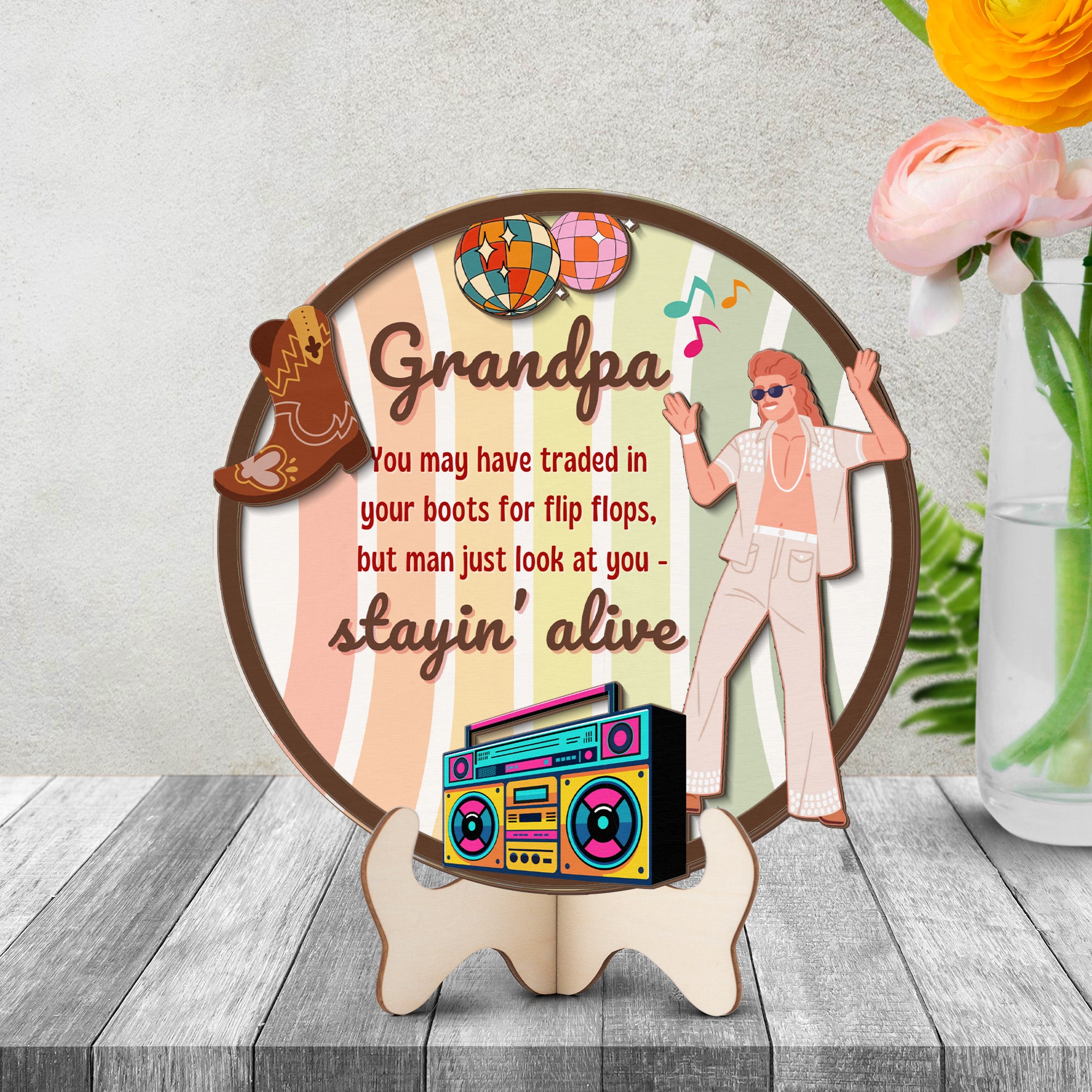 Grandparents day gift | Retro Vintage Cute and Funny Gift for Grand Pa | 2-layer Wooden Sign | Just Stayin Alive