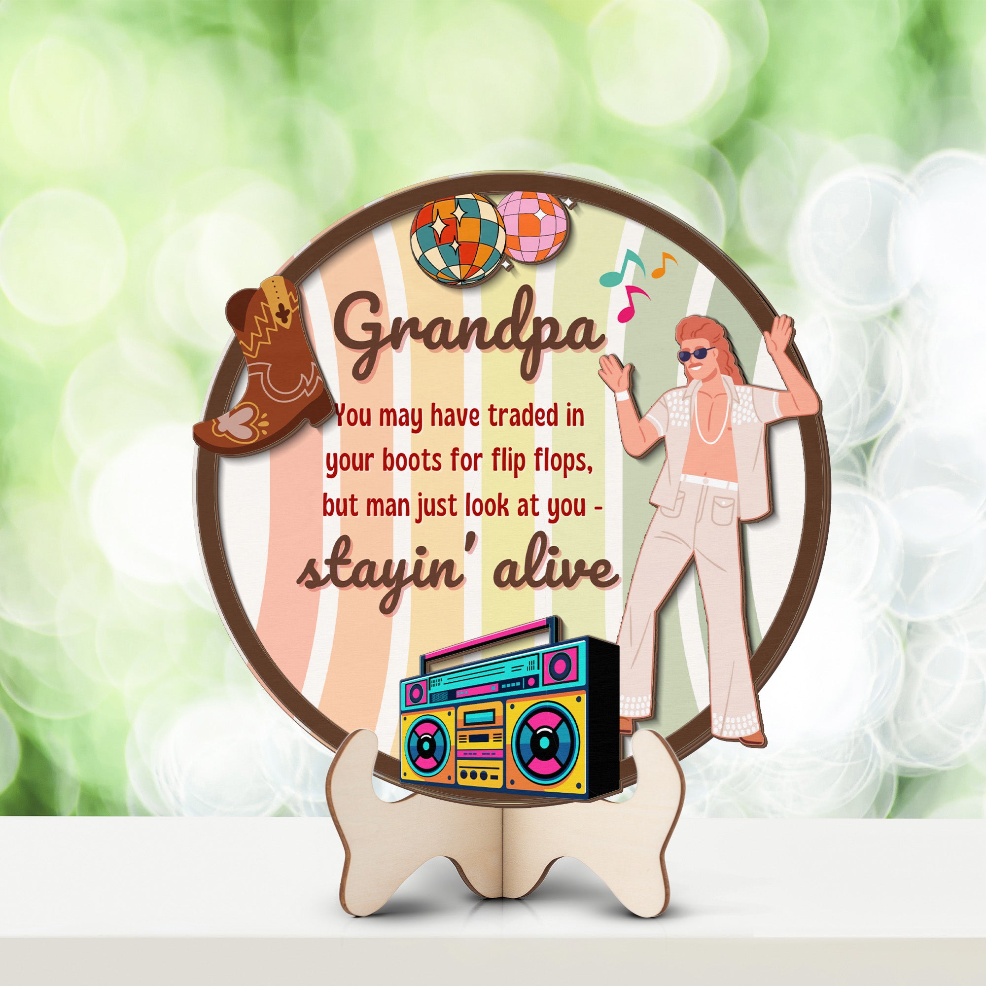 Grandparents day gift | Retro Vintage Cute and Funny Gift for Grand Pa | 2-layer Wooden Sign | Just Stayin Alive