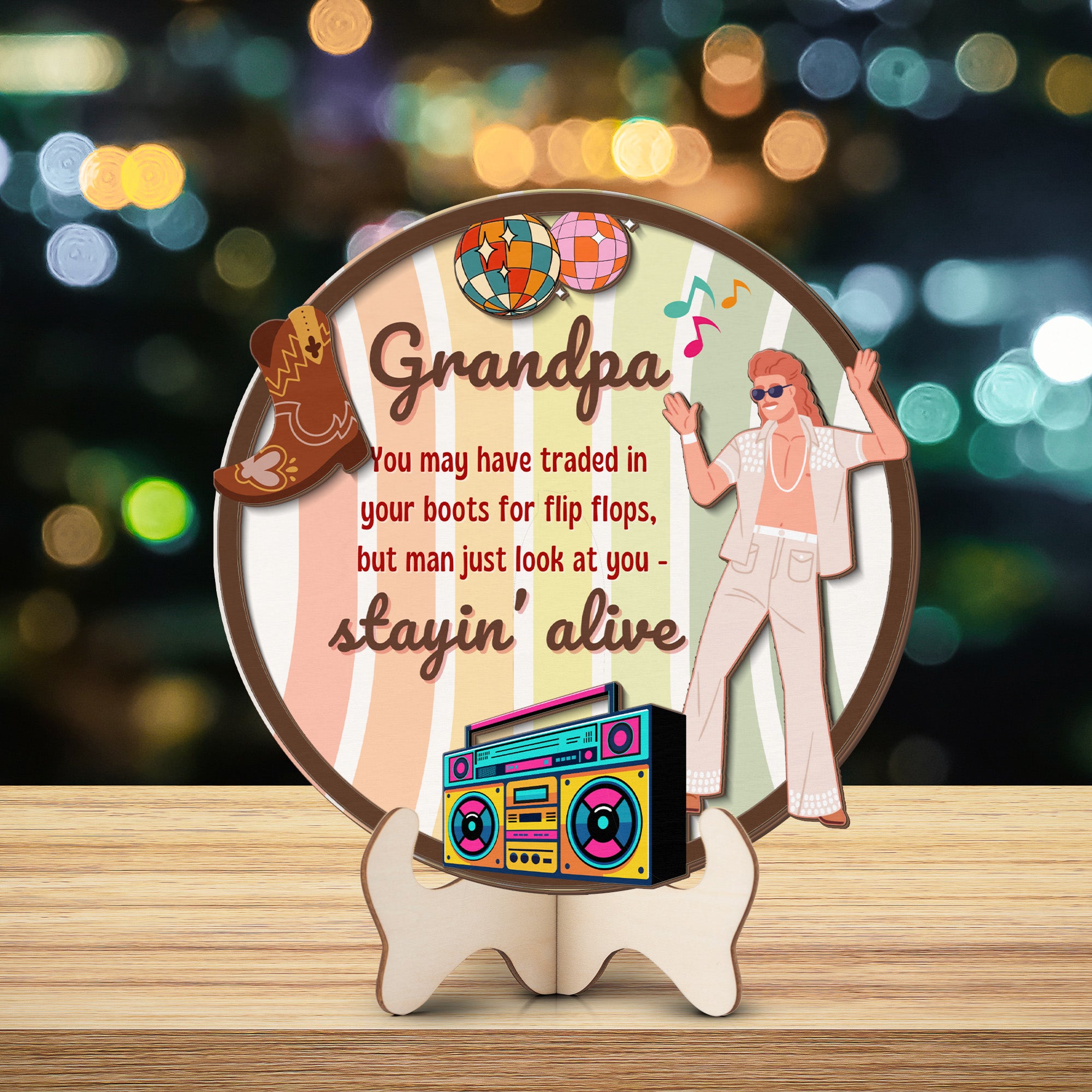 Grandparents day gift | Retro Vintage Cute and Funny Gift for Grand Pa | 2-layer Wooden Sign | Just Stayin Alive