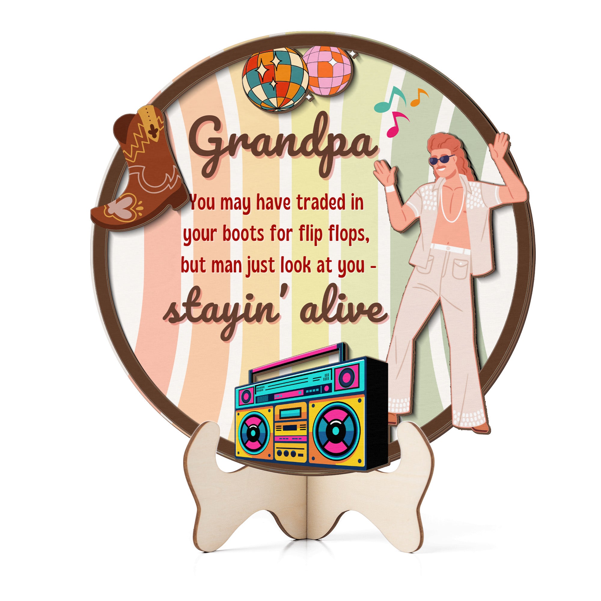 Grandparents day gift | Retro Vintage Cute and Funny Gift for Grand Pa | 2-layer Wooden Sign | Just Stayin Alive