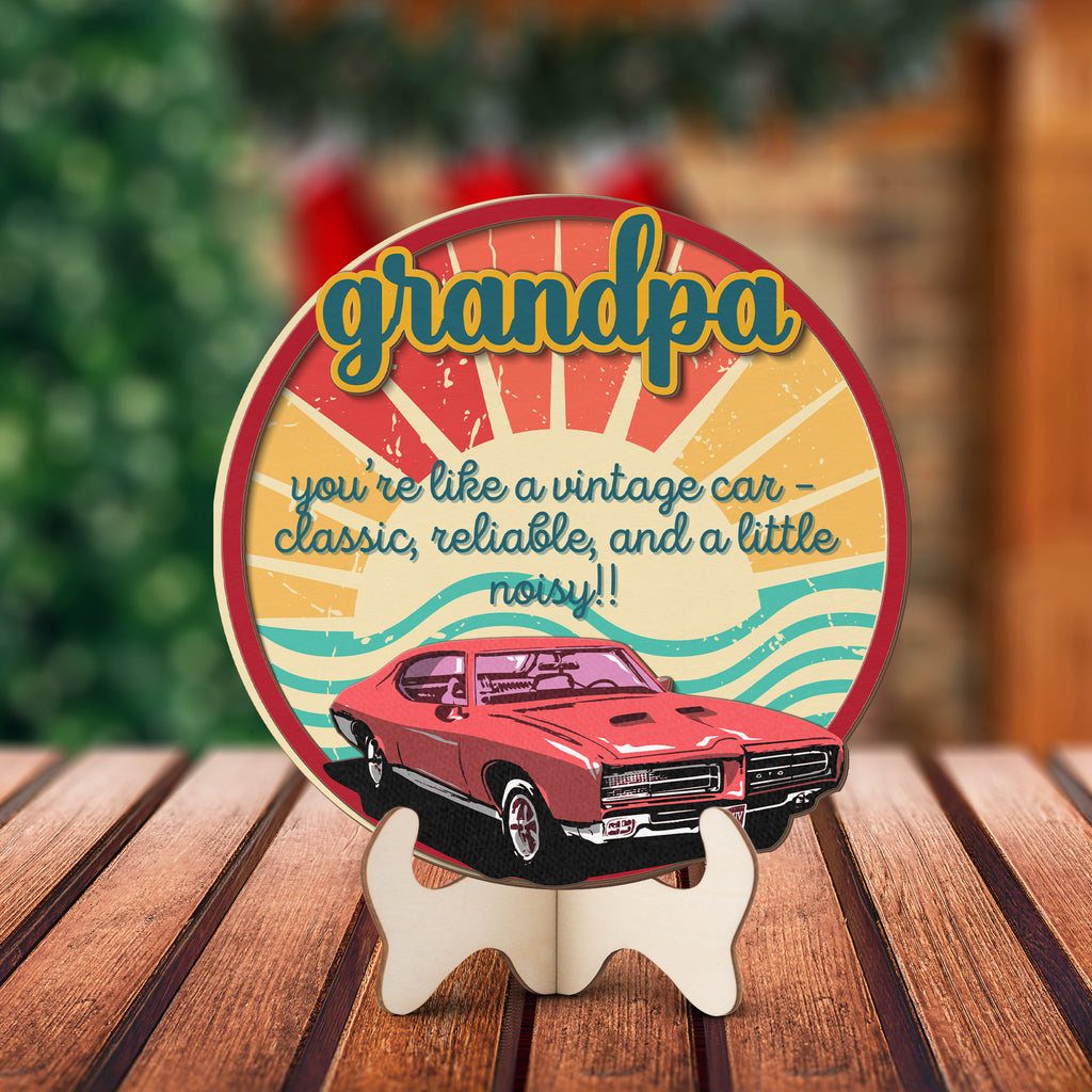Retro car lover gift for Grandpa with humorous wooden sign design