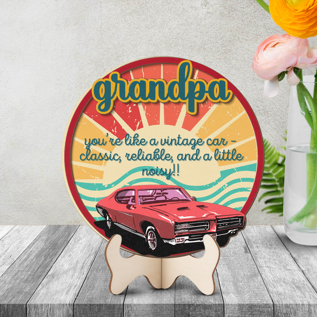 Two-layer wooden Grandpa sign with vintage car and retro artwork