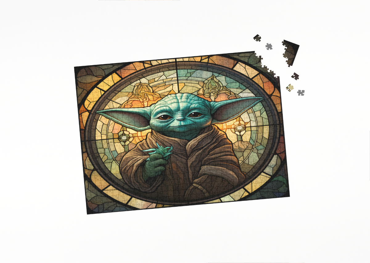 Green Fantasy Sage Stained Glass wooden jigsaw puzzle displayed in a lifestyle setting
