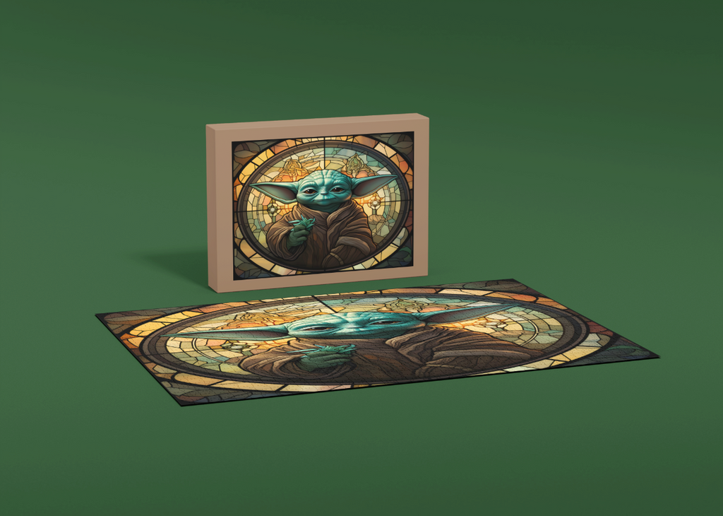 Green Fantasy Sage Stained Glass wooden jigsaw puzzle displayed in a lifestyle setting