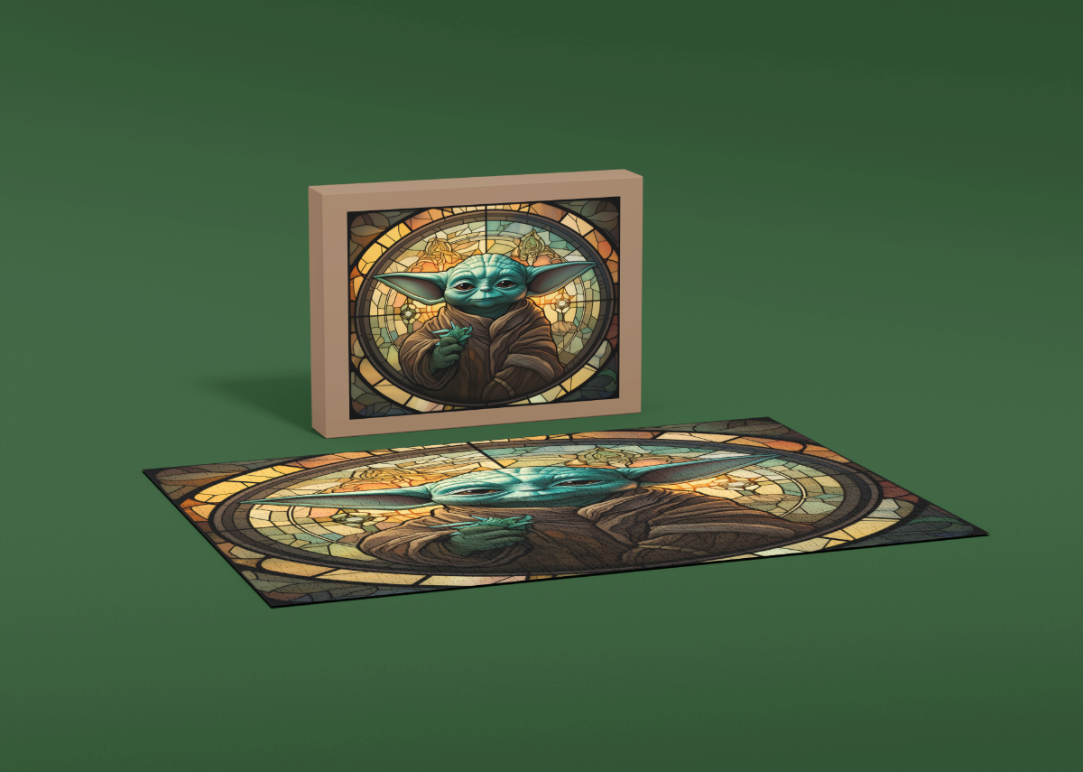 Green Fantasy Sage Stained Glass wooden jigsaw puzzle displayed in a lifestyle setting