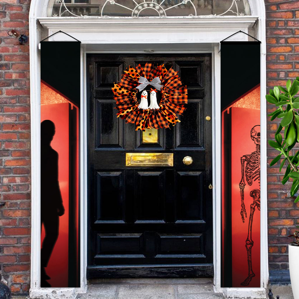 Dark shadow figures on red Bloody Shadows Halloween door banner