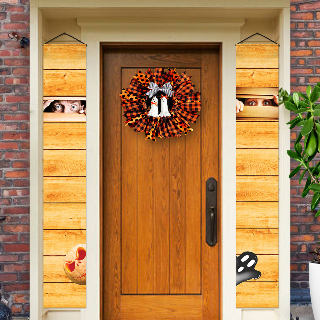 Boarded-up Halloween door banners displayed beside a front door
Full pair image