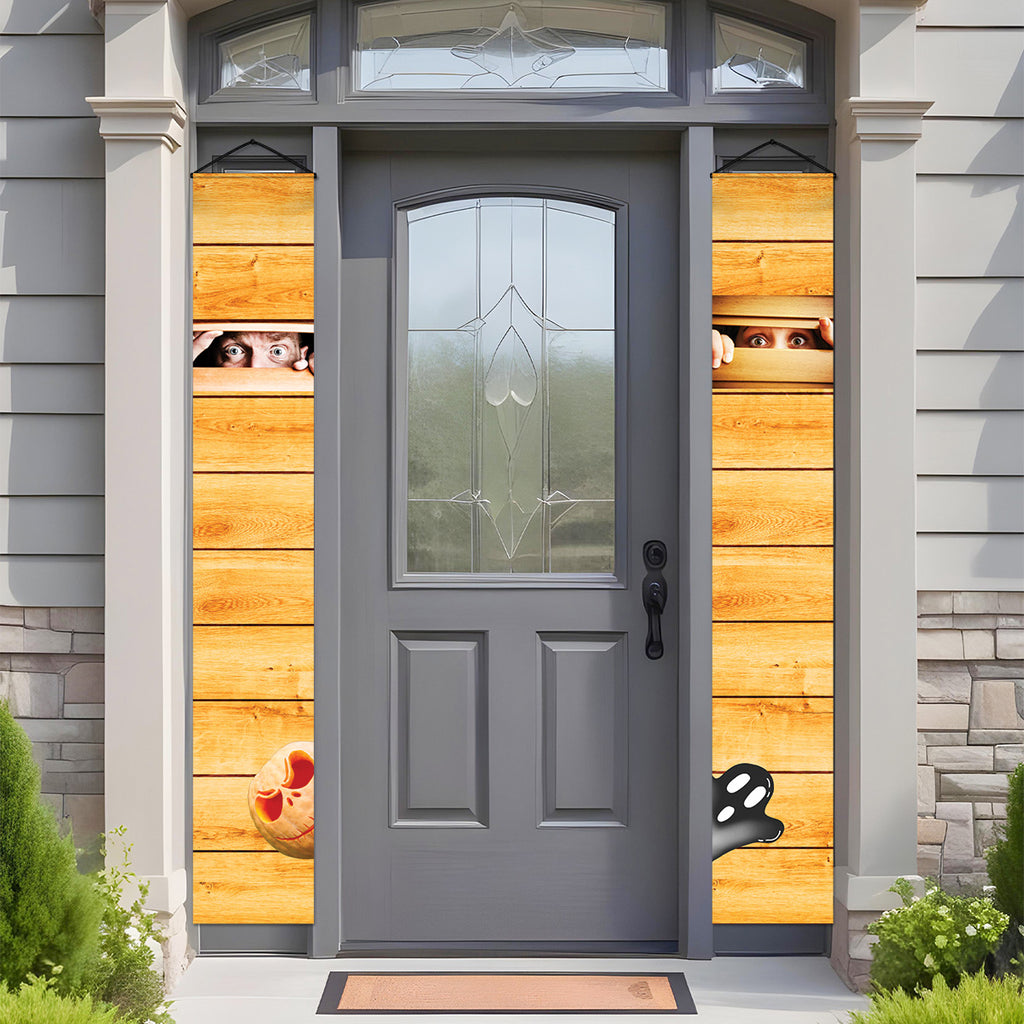 Boarded-up Halloween porch banners for creepy outdoor door decor