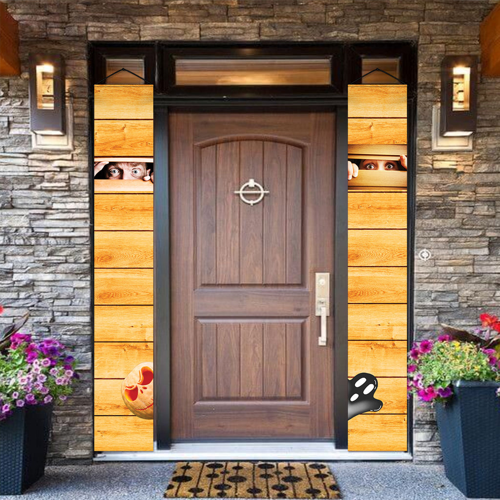 A spooky door banner featuring a face peeking, while trapped Behind the Boards - creepy Halloween door banners