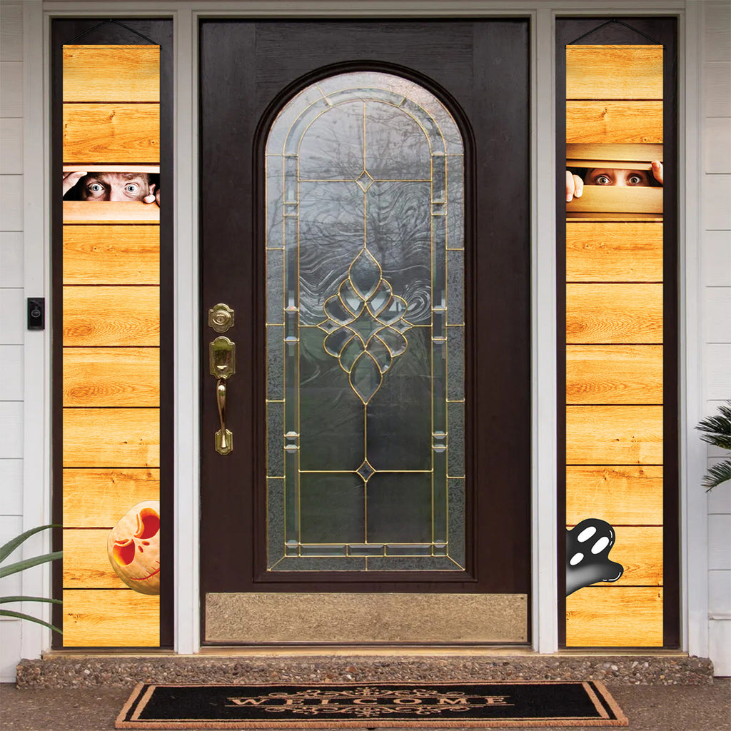 Water-resistant nylon boarded-up Halloween door banners