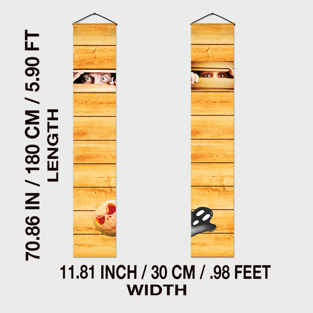 Boarded-up Halloween door banner size and hanging details