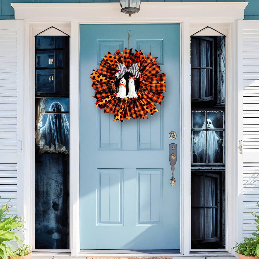 White ghost emerging behind dark window on Halloween door banner