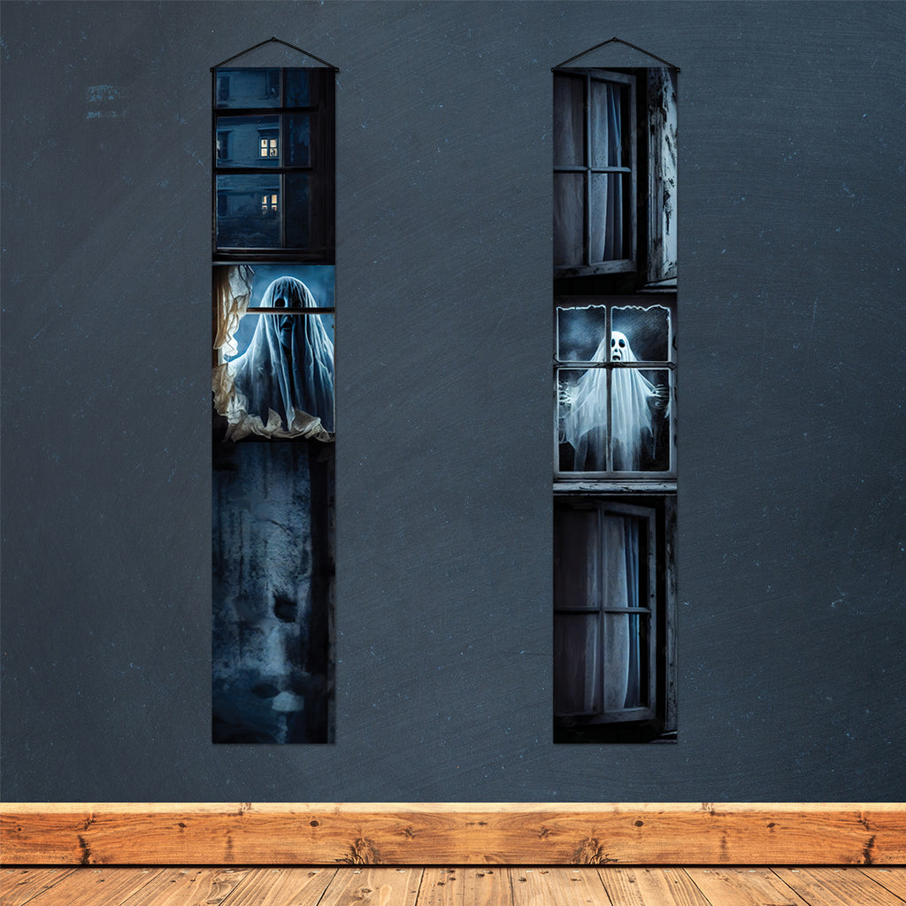 White ghost peering through haunted window on Halloween door banner
