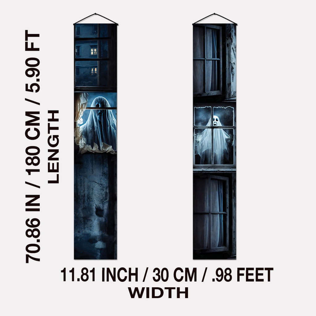Ghost window Halloween door banner size and hanging details
