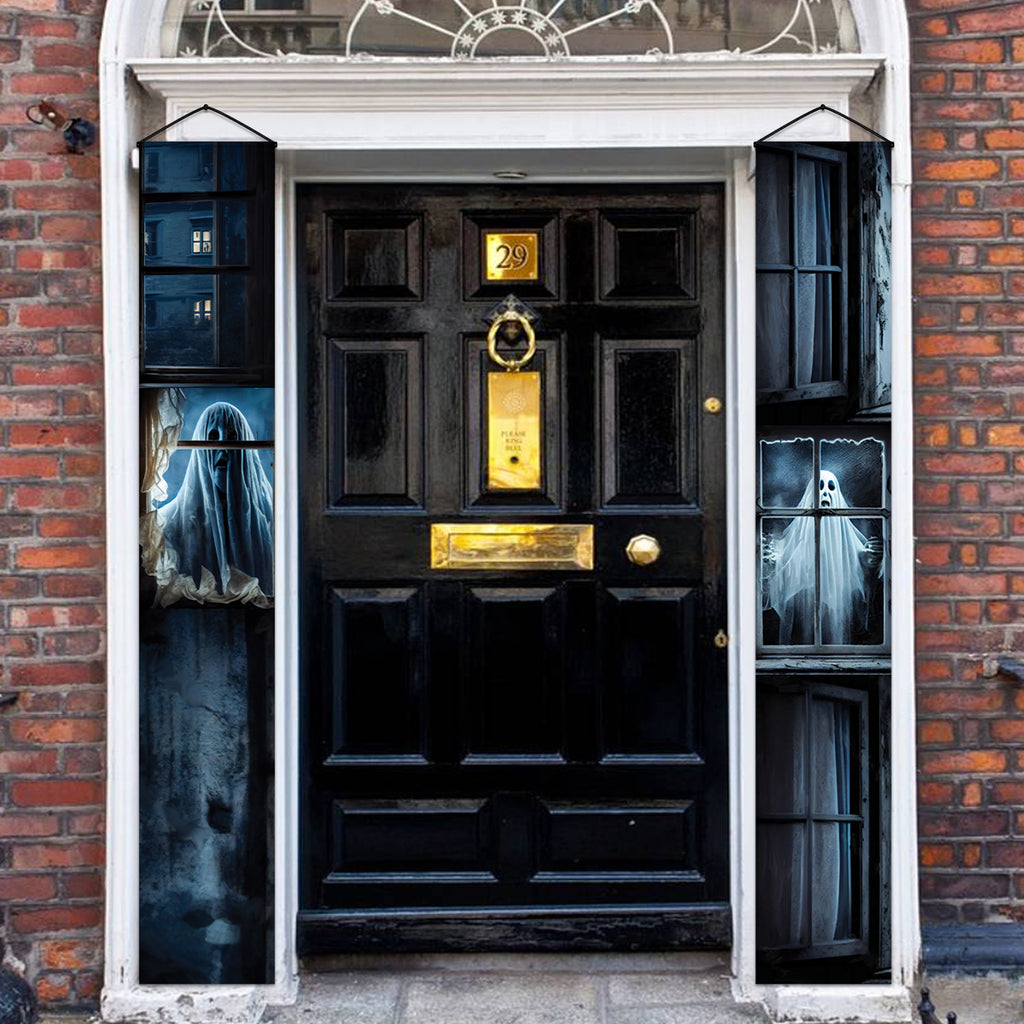 Ghosts in the Window Halloween door banners with white ghost figures