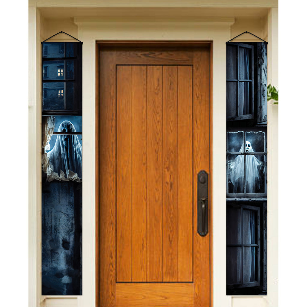 Set of two Ghosts in the Window creepy Halloween door banners