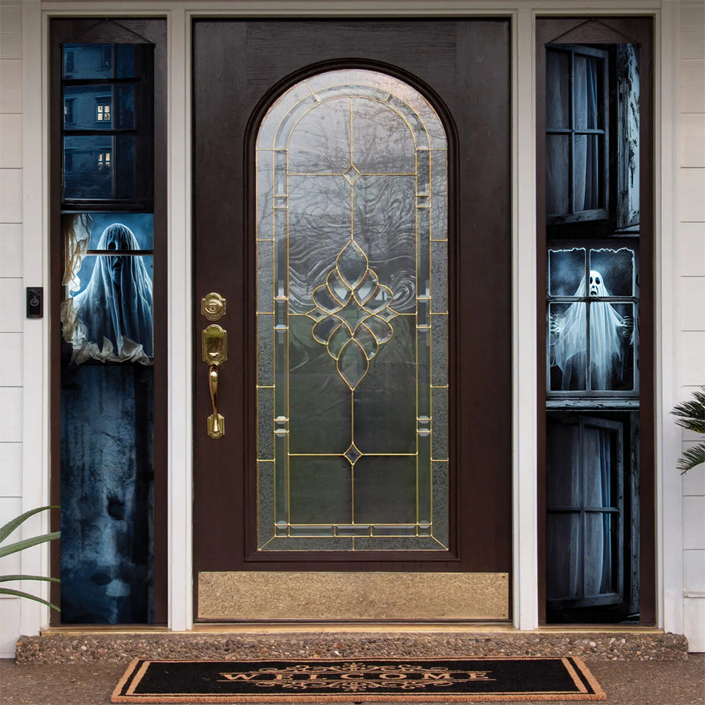 Ghost window Halloween door banners displayed beside a front entrance