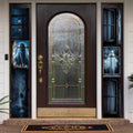 Ghost window Halloween door banners displayed beside a front entrance