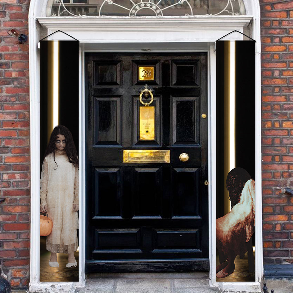Ghost Girls Halloween door banners displayed beside a front door
