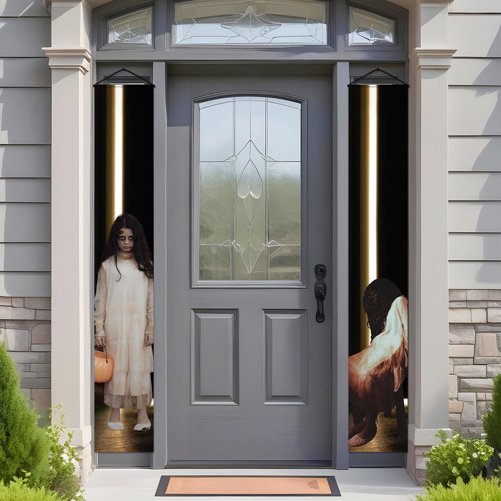 Scary ghost girl artwork on Halloween door banner going trick and treating