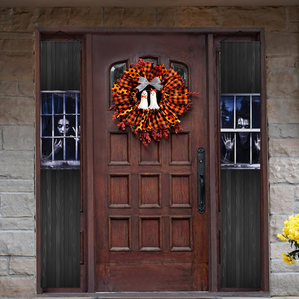 Haunted Window Halloween door banners with creepy faces behind dark window panes