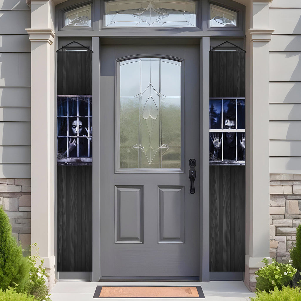 Creepy haunted window artwork on Halloween door banners