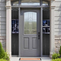 Creepy haunted window artwork on Halloween door banners