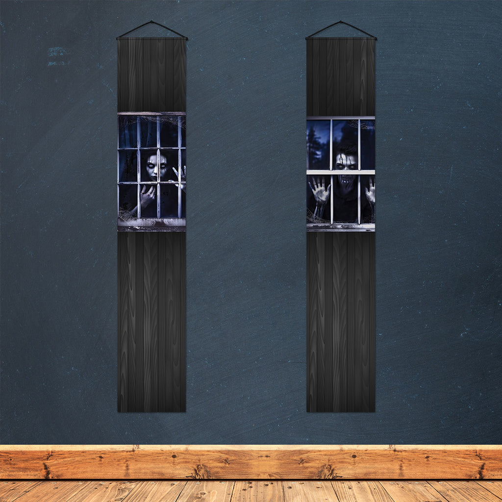 Set of two creepy Haunted Window Halloween porch banners