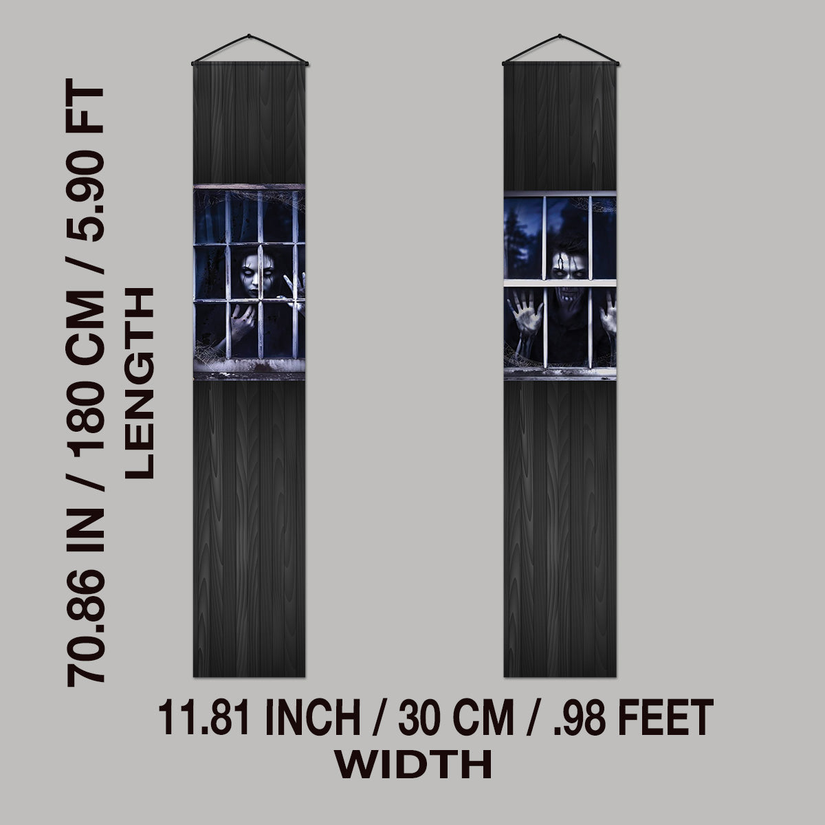 Haunted Window Halloween door banner size and hanging details