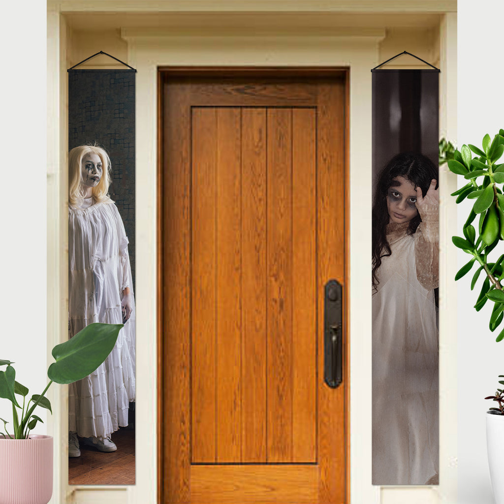 Creepy woman in white ghost figure on Halloween door banner