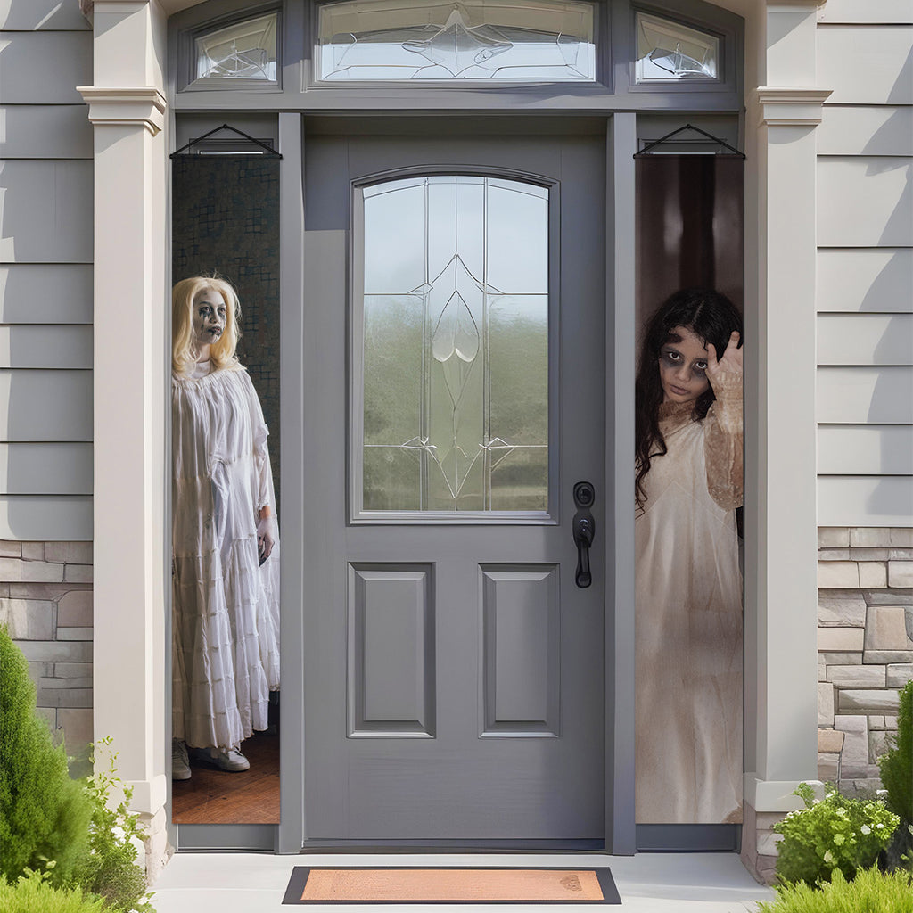 Set of two Women in White creepy ghost Halloween door banners