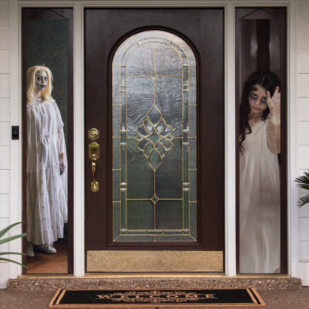 Dark-haired ghostly woman in white on Halloween door banner