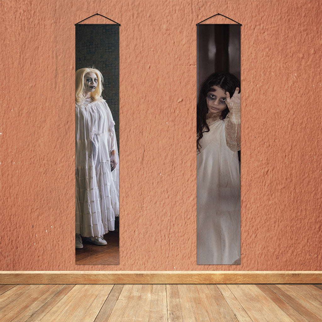 Women in White Halloween porch banners for creepy ghost door decor