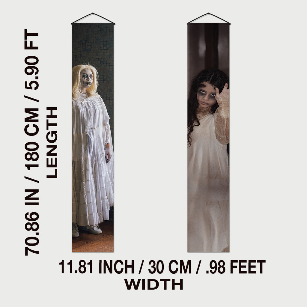 Women in White Halloween door banner size and hanging details