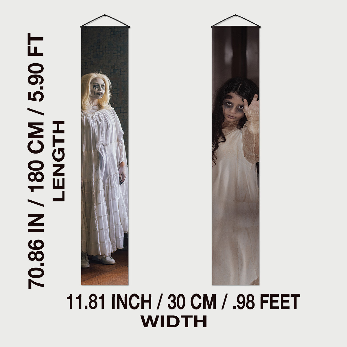 Women in White Halloween door banner size and hanging details