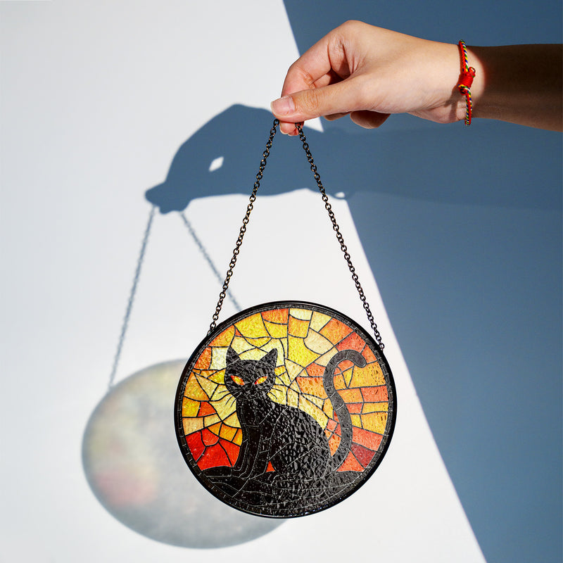 Halloween Stained Glass Suncatcher Collection | Decorative Window Hanging | 2 Sizes | Holiday Decor Accents | Black Cat