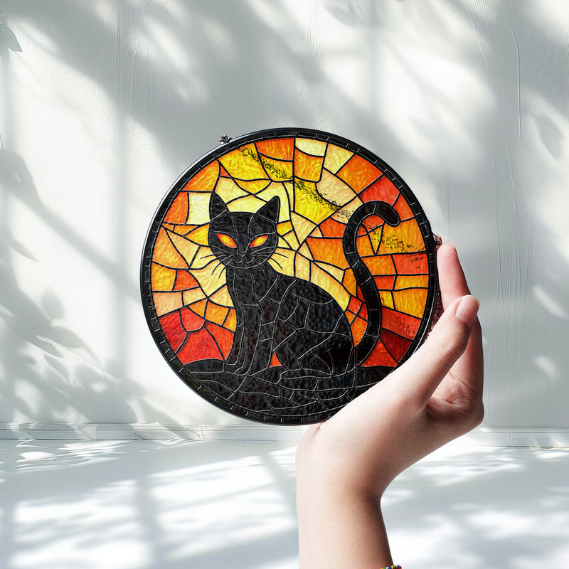 Halloween Stained Glass Suncatcher Collection | Decorative Window Hanging | 2 Sizes | Holiday Decor Accents | Black Cat