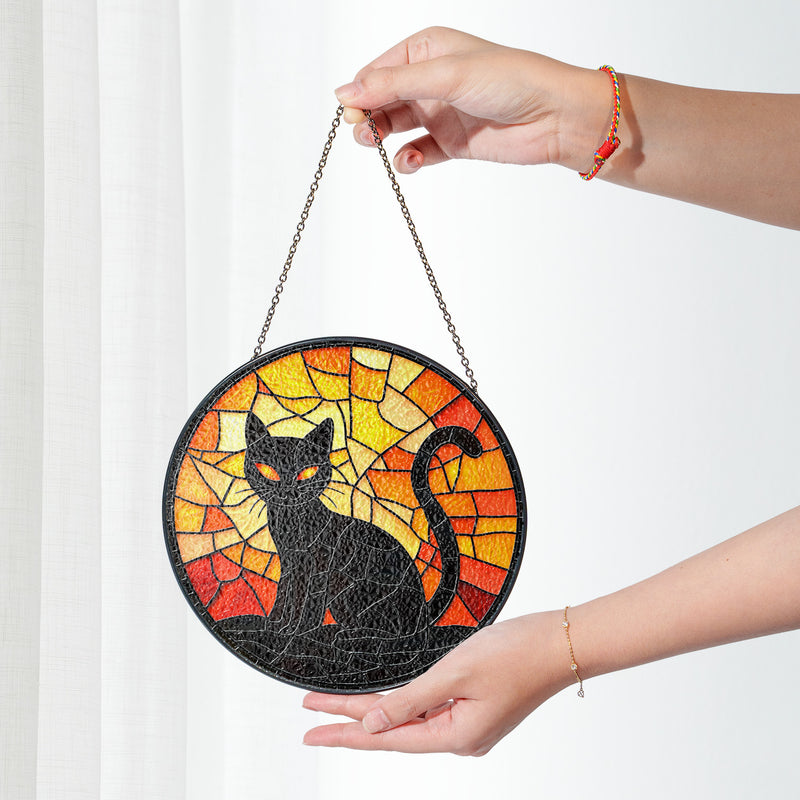 Halloween Stained Glass Suncatcher Collection | Decorative Window Hanging | 2 Sizes | Holiday Decor Accents | Black Cat