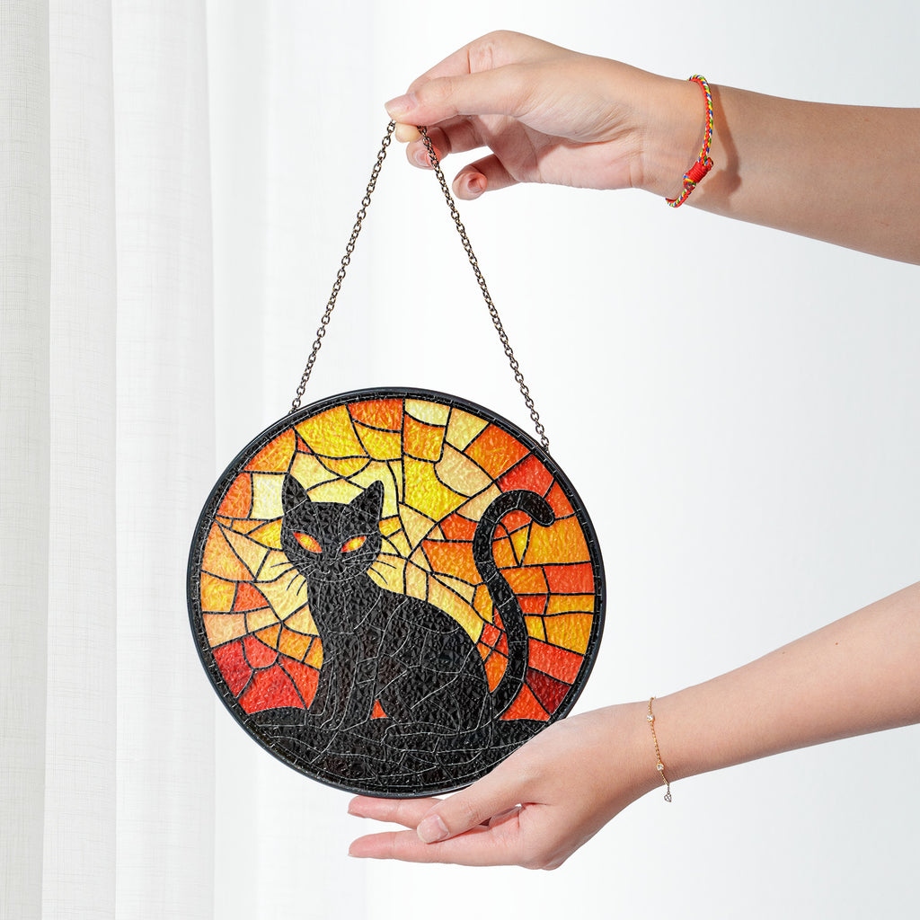 Halloween Stained Glass Suncatcher Collection | Decorative Window Hanging | Multiple Sizes | Holiday Decor Accents | Black Cat