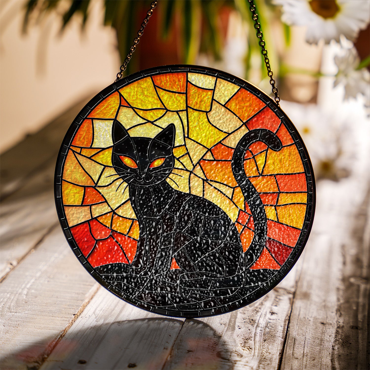 Halloween Stained Glass Suncatcher Collection | Decorative Window Hanging | Multiple Sizes | Holiday Decor Accents | Black Cat