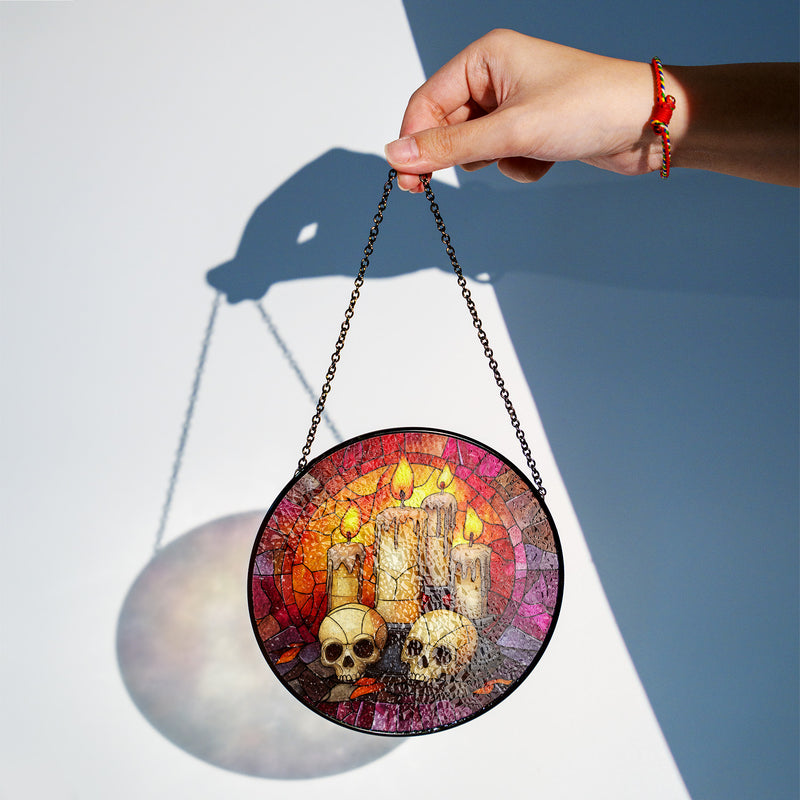 Halloween Stained Glass Suncatcher Collection | Decorative Window Hanging | Multiple Sizes | Holiday Decor Accents | Candles and Skulls