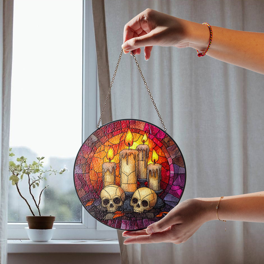 Halloween Stained Glass Suncatcher Collection | Decorative Window Hanging | Multiple Sizes | Holiday Decor Accents | Candles and Skulls