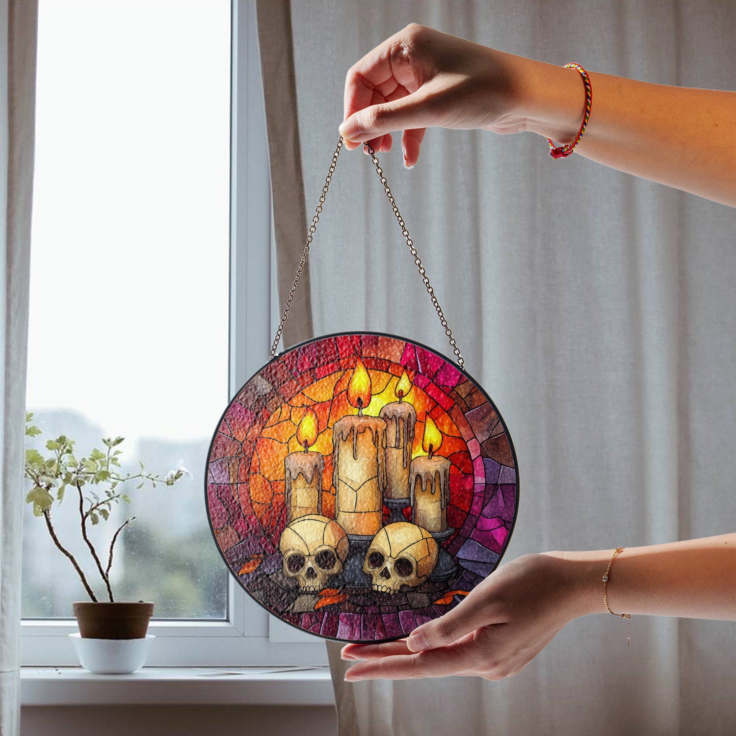 Halloween Stained Glass Suncatcher Collection | Decorative Window Hanging | Multiple Sizes | Holiday Decor Accents | Candles and Skulls