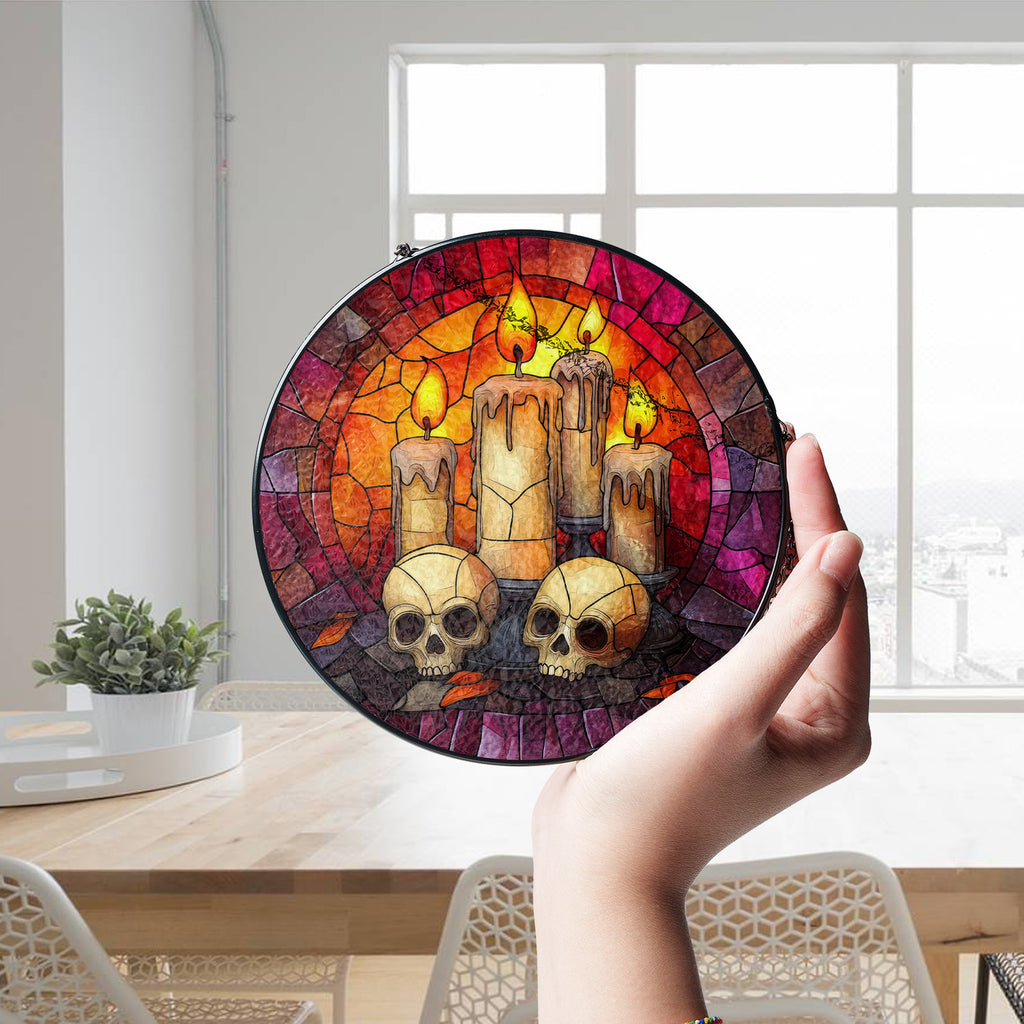 Halloween Stained Glass Suncatcher Collection | Decorative Window Hanging | Multiple Sizes | Holiday Decor Accents | Candles and Skulls