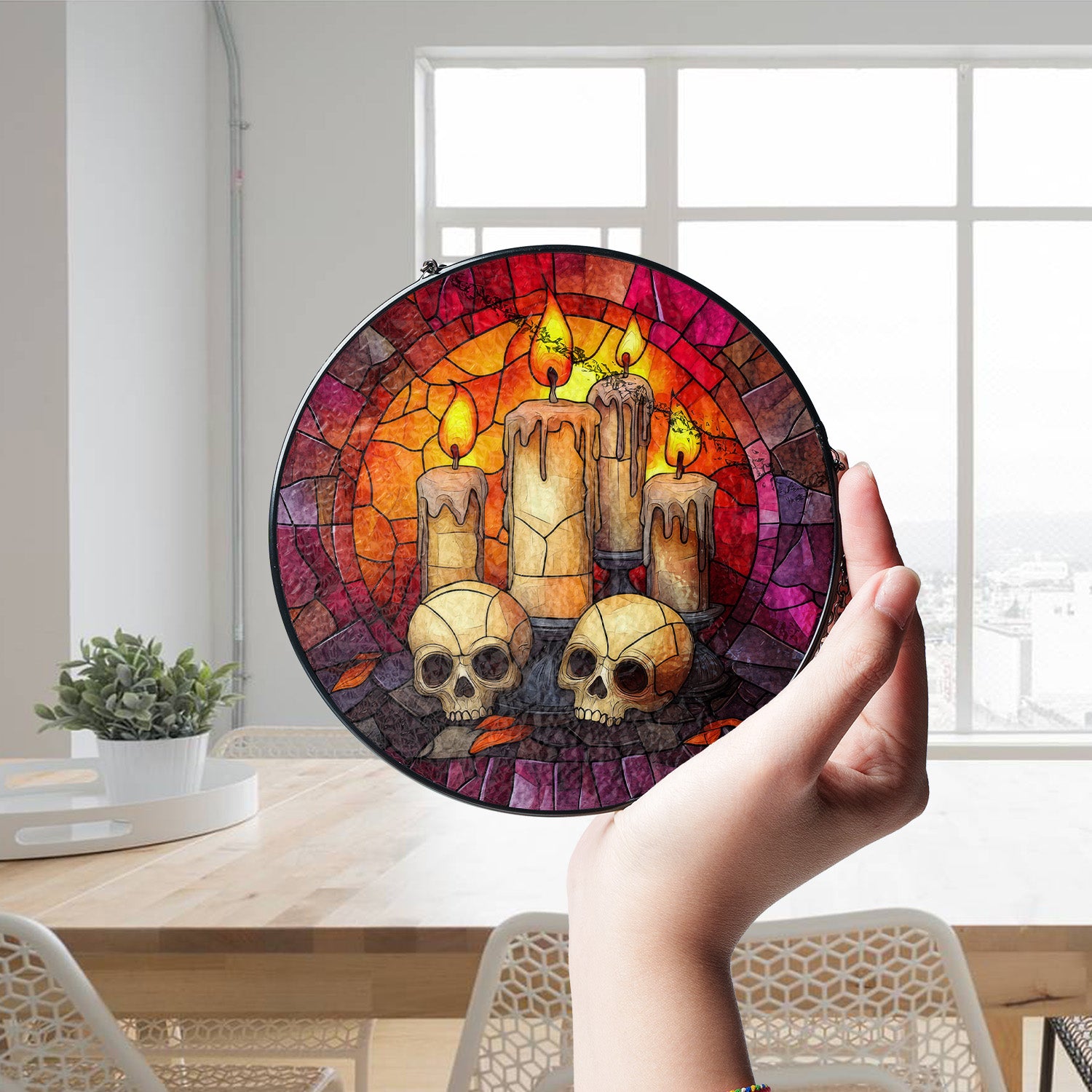 Halloween Stained Glass Suncatcher Collection | Decorative Window Hanging | Multiple Sizes | Holiday Decor Accents | Candles and Skulls